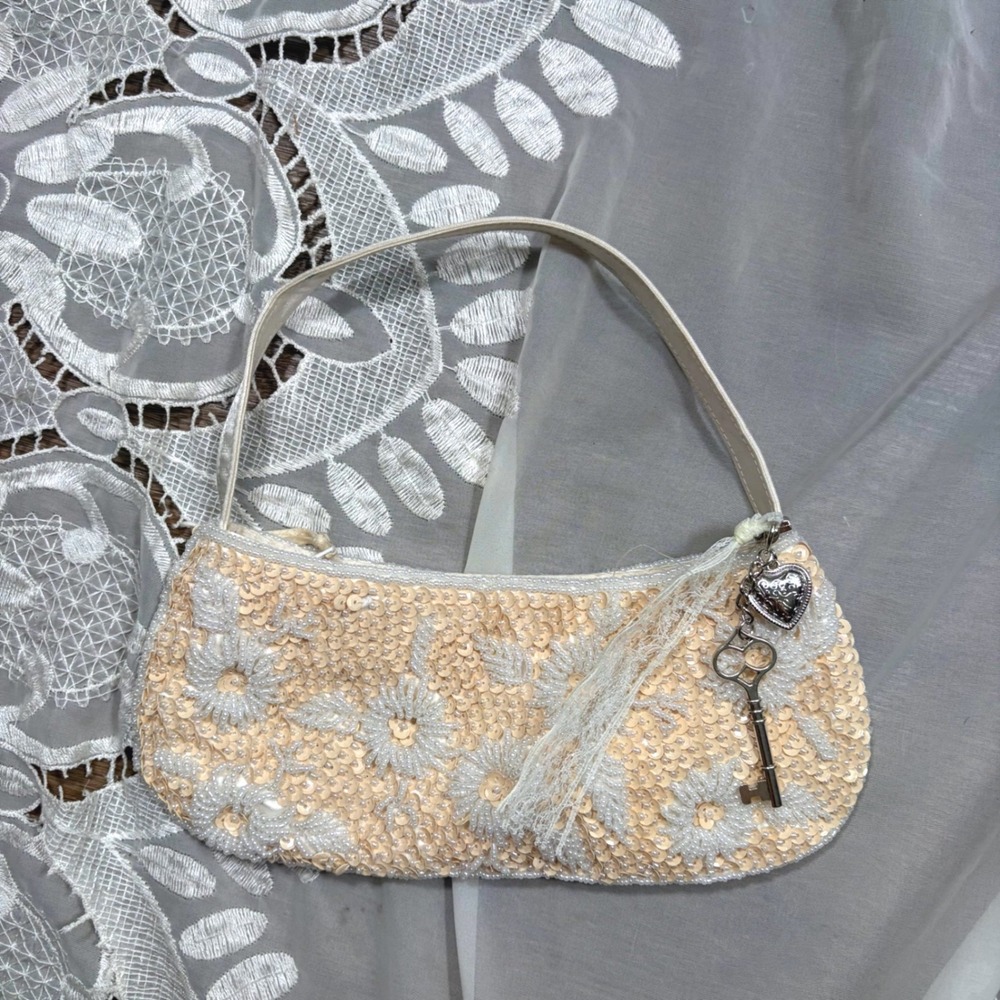Kate Landry Beaded Sequin Floral Baguette Evening Bag Cream Heart Key Charm